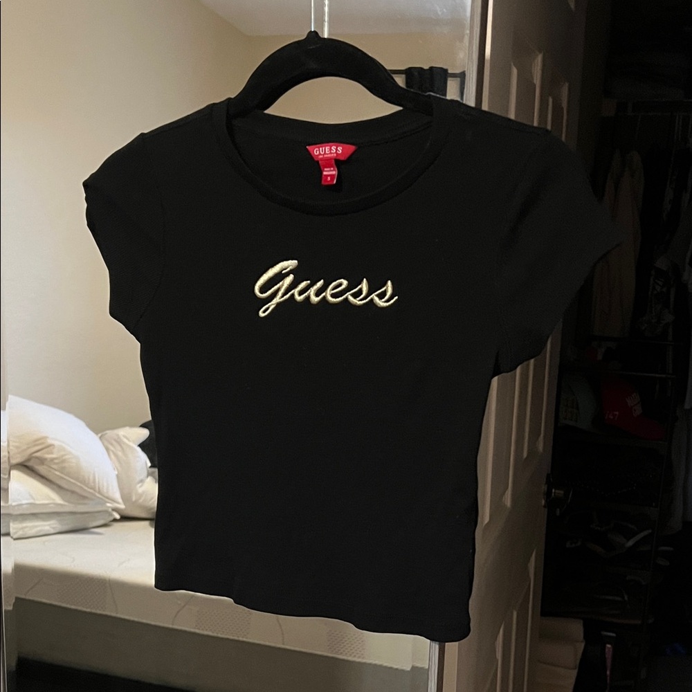 Guess Women's Black Tee with Gold Logo